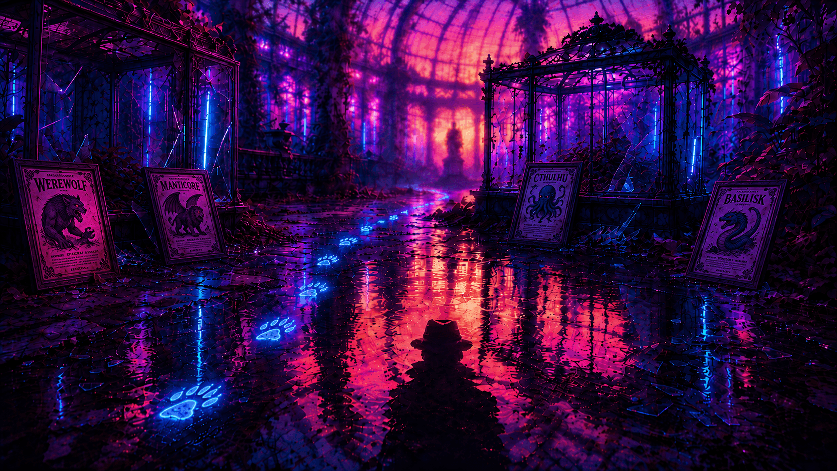 The gothic grounds of Hollowmere Conservatory at night